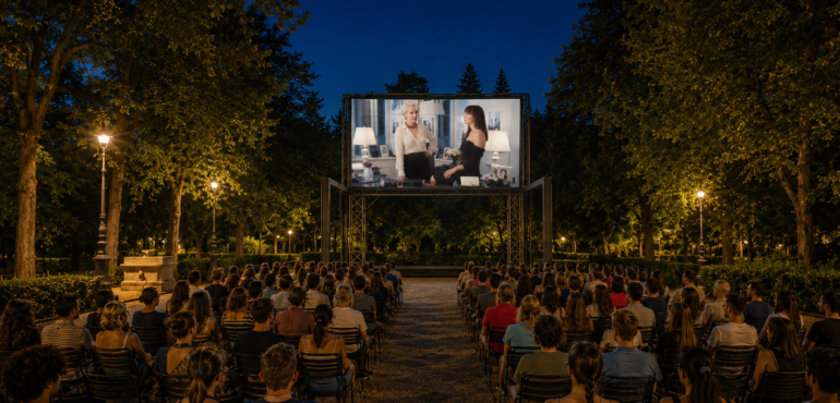 Persone sedute al parco mentre guardano il film Il Diavolo veste Prada 2 a Trieste